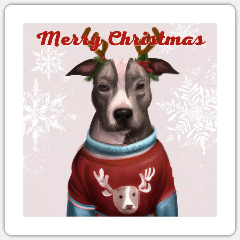 Portrait de Pitbull dans un pull de renne de Noël. - Sticker taille S (10 x 10 cm) - blanc mat