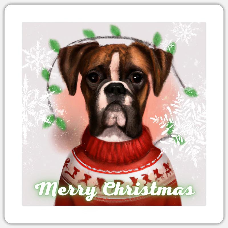 Mignon chien boxer dans un pull de renne de Noël. - Sticker taille S (10 x 10 cm) - blanc mat