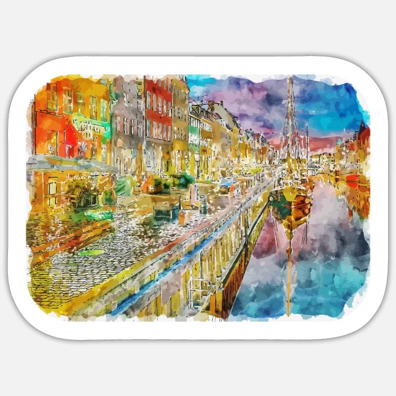Copenhague Danemark Aquarelle Sketch Illustration - Sticker taille S (10 x 10 cm) - blanc mat