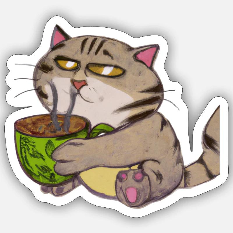 Le chat boit un café - Sticker taille S (10 x 10 cm) - blanc mat