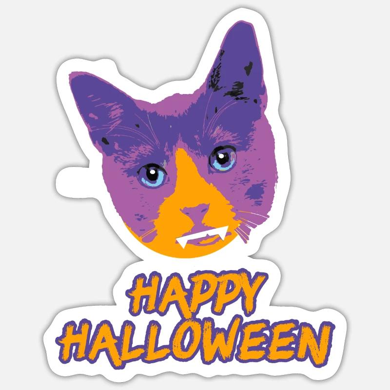 Joyeux Halloween,pop art,chat,vampire chat,vampire - Sticker taille S (10 x 10 cm) - blanc mat
