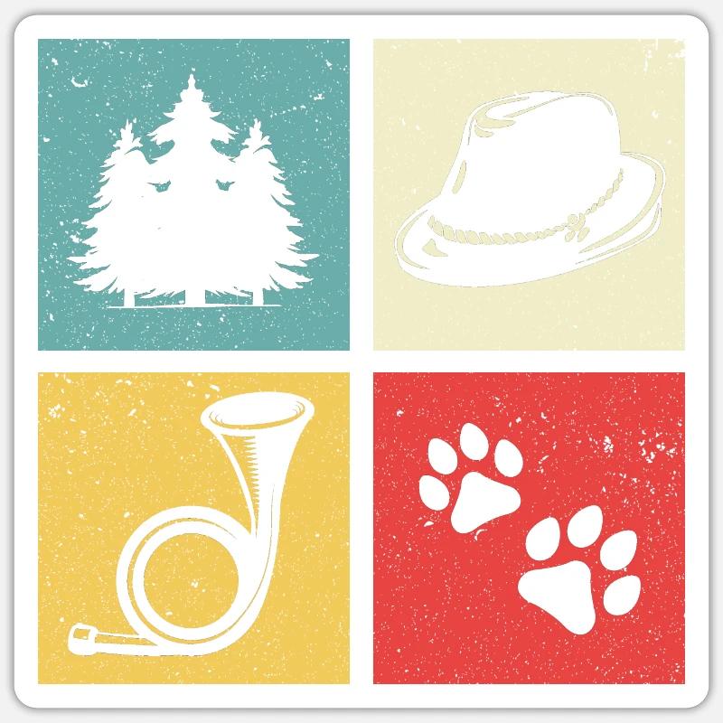 Conception de cor de chasse avec chapeau de feutre de patte de chien de forêt Sticker taille S (10 x 10 cm)