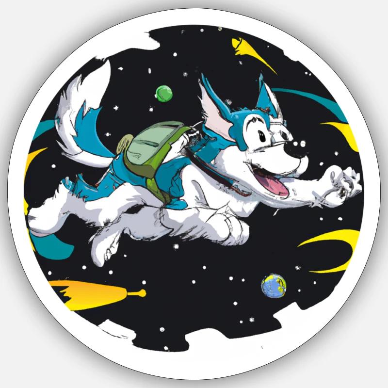 PEINTURE DE DESSIN ANIMÉ HUSKY VOLANT DANS L’ESPACE - Sticker taille S (10 x 10 cm) - blanc mat