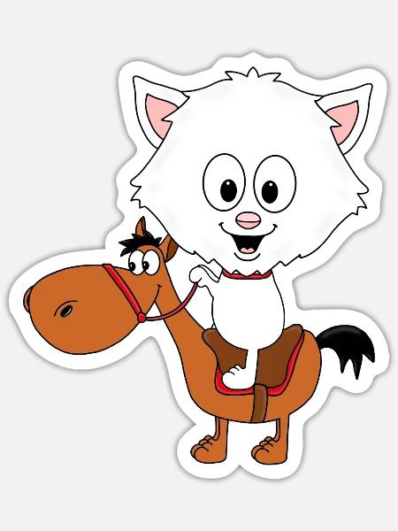 KATZE - PFERD - PONY - REITEN - TIERE - Sticker Größe S (10 x 10 cm) - Mattweiß