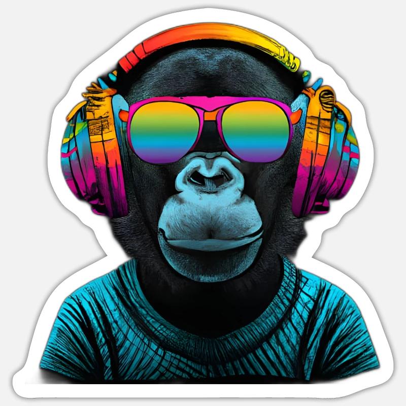 Regenbogen Affe mit Kopfhörer Sticker Größe S (10 x 10 cm)