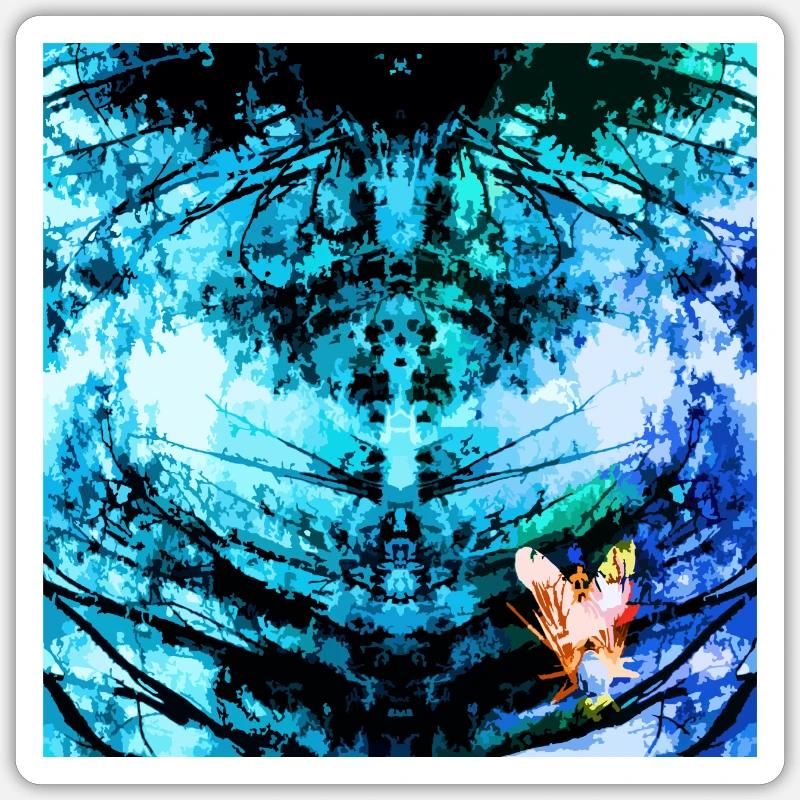 Papillon psychédélique bleu - Sticker taille S (10 x 10 cm) - blanc mat
