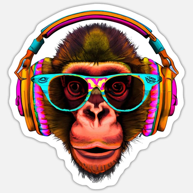 Singe accroche-regard avec écouteurs et lunettes de soleil - Sticker taille S (10 x 10 cm) - blanc mat