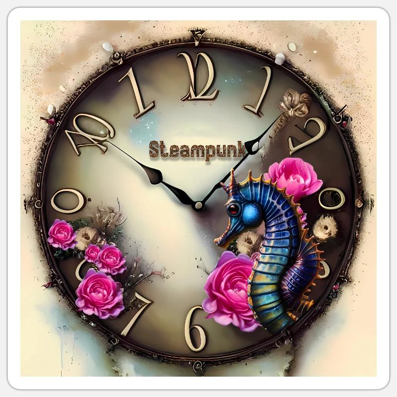 Montre Steampunk avec fleurs et hippocampe - Sticker taille S (10 x 10 cm) - blanc mat