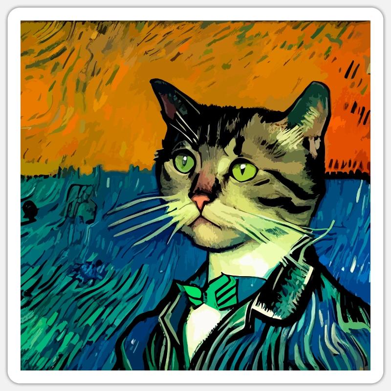 Chat peint par Van Gogh - Sticker taille S (10 x 10 cm) - blanc mat