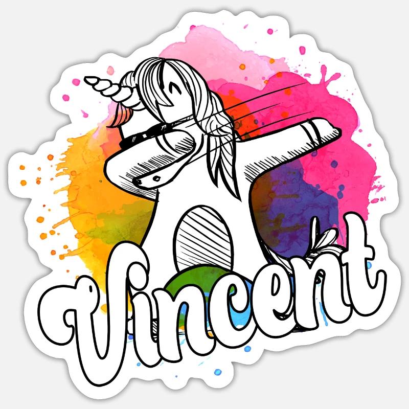 VINCENT - Beau nom de garçon avec une licorne cool - Sticker taille S (10 x 10 cm) - blanc mat