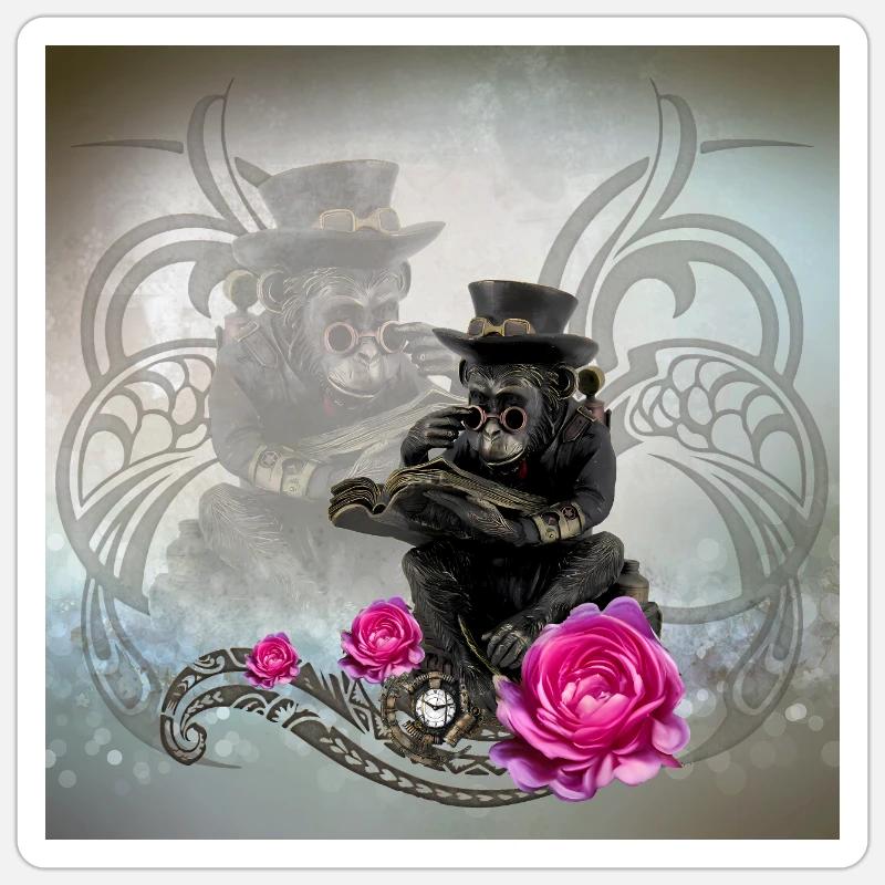 Funny steampunk monkey reads a book Sticker size S (10 x 10 cm)