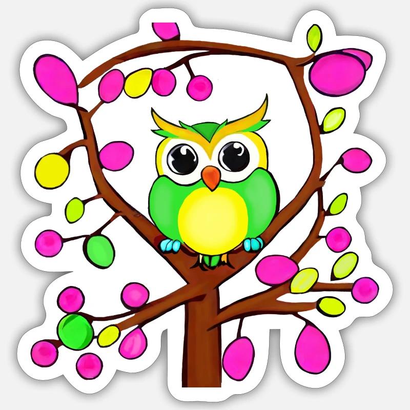 Chouette heureuse dans un arbre multicolore Sticker taille S (10 x 10 cm)