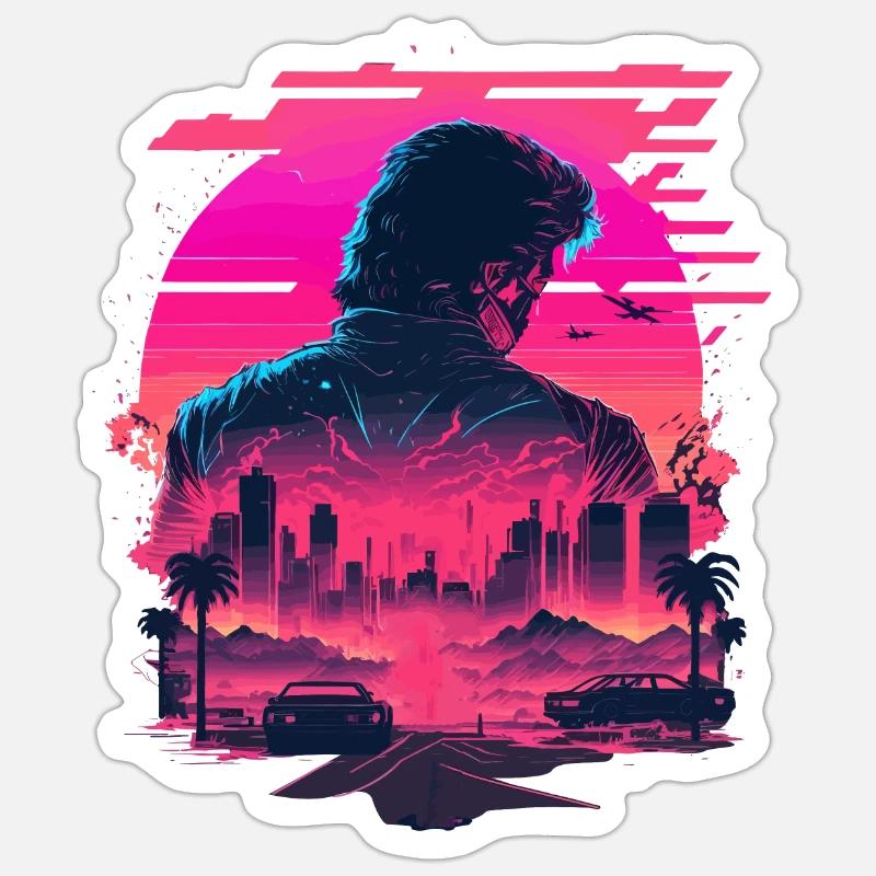 Synthwave City Skyline - Sticker Größe S (10 x 10 cm) - Mattweiß