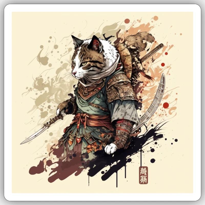 Samurai Cat - Sticker size S (10 x 10 cm) - white matte