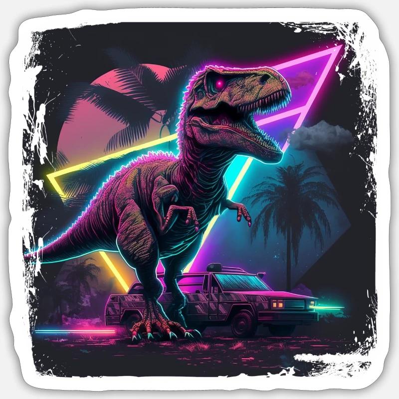 80s synthwave design with dinosaur Sticker size S (10 x 10 cm)