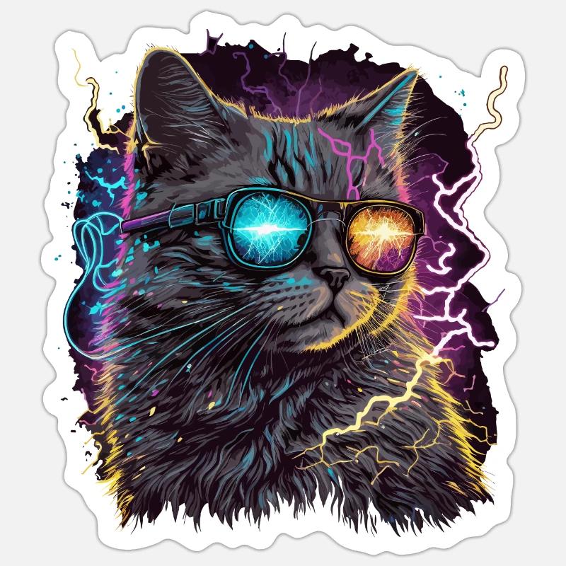 Vaperwave Thunder Storm Cat - Sticker taille S (10 x 10 cm) - blanc mat