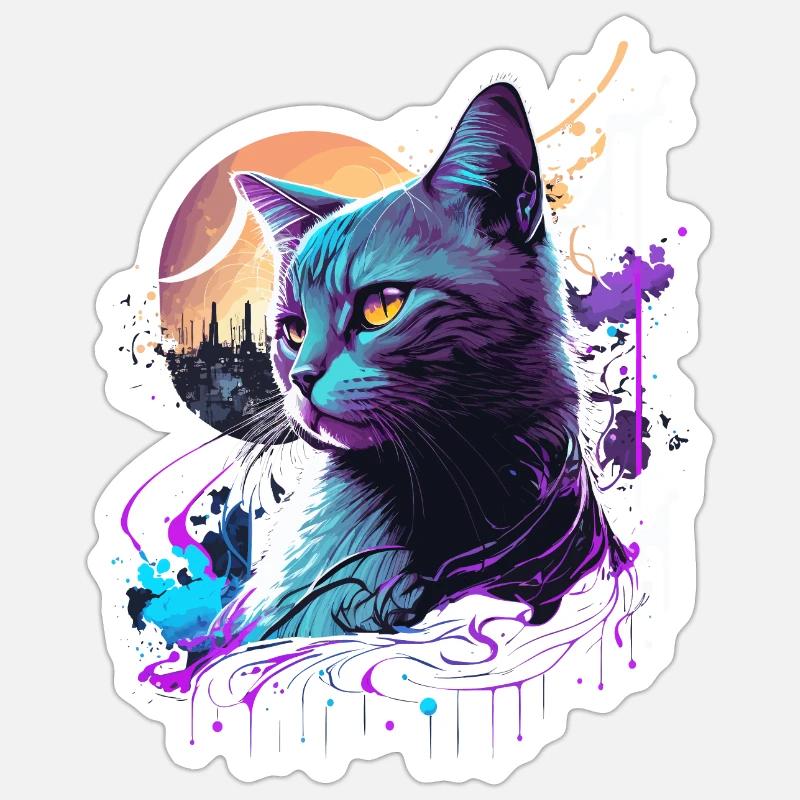 Chat violet - Sticker taille S (10 x 10 cm) - blanc mat