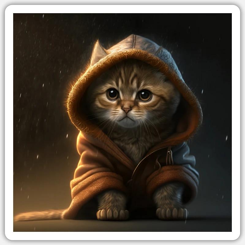 Süße Katze hat zu kalt mit Kapuzen Pullover - Sticker Größe S (10 x 10 cm) - Mattweiß