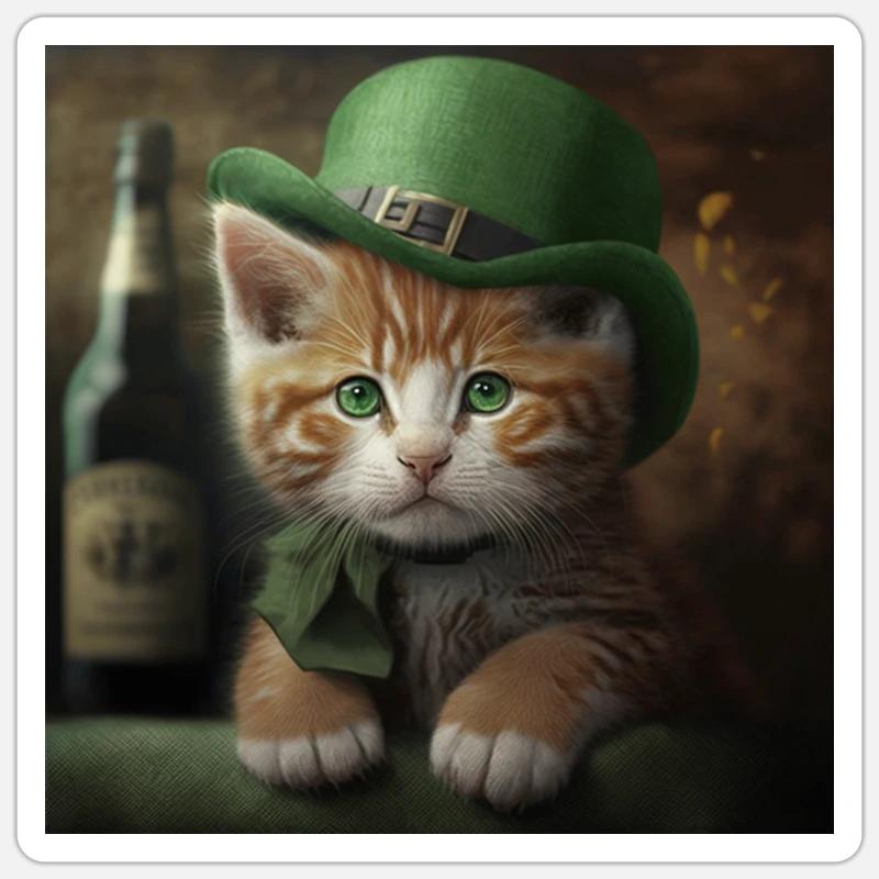 Fête de la Saint-Patrick Chat mignon avec chapeau Irlande - Sticker taille S (10 x 10 cm) - blanc mat