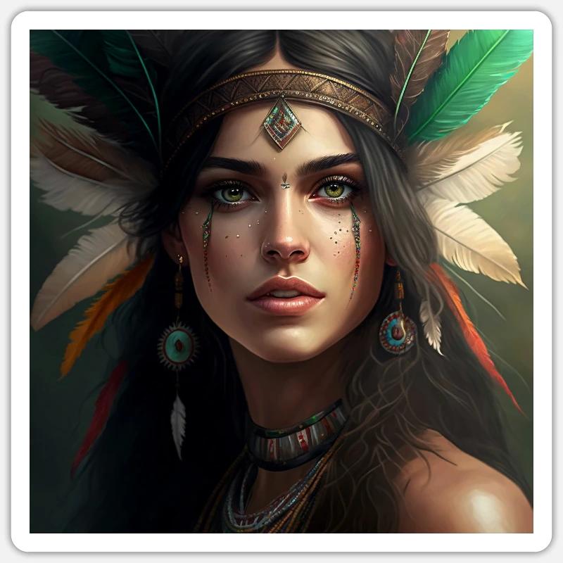 Wunderschöne Indianerin mit Federschmuck (Boho) - Sticker Größe S (10 x 10 cm) - Mattweiß