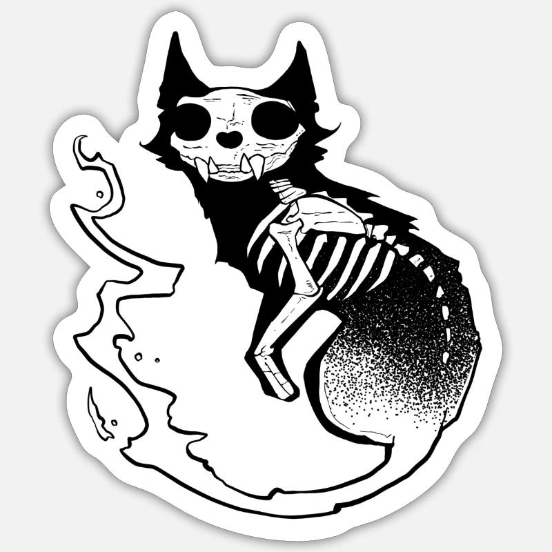 Totenkopf schwarze Katze dunkle Halloween dotwork Kunst - Sticker Größe S (10 x 10 cm) - Mattweiß