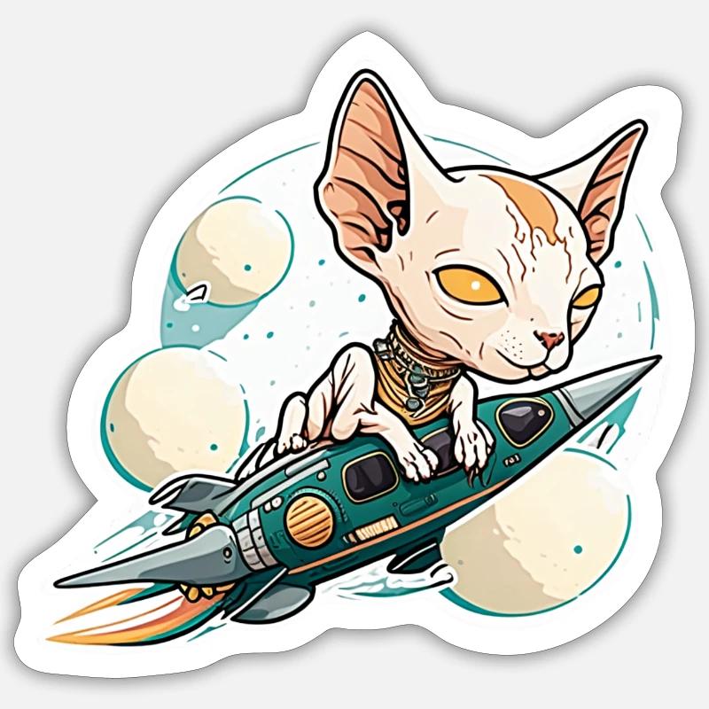 Sphinx Katze reitet auf einer Rakete - Sticker Größe S (10 x 10 cm) - Mattweiß