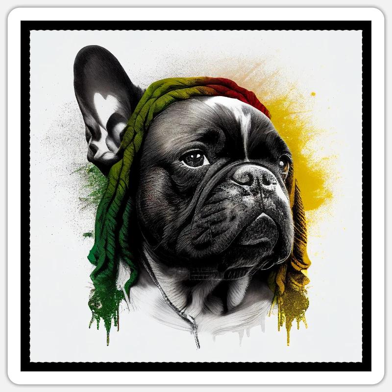 Conception du bouledogue français « BobMarley » - Sticker taille S (10 x 10 cm) - blanc mat
