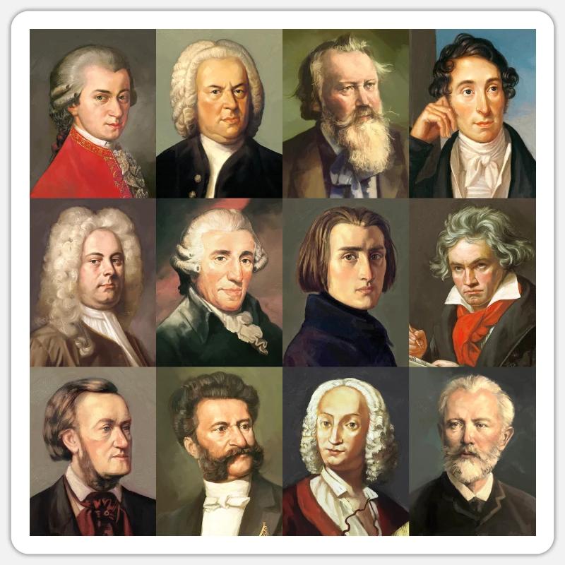 12 compositeurs classiques ... de Bach à Wagner - Sticker taille S (10 x 10 cm) - blanc mat