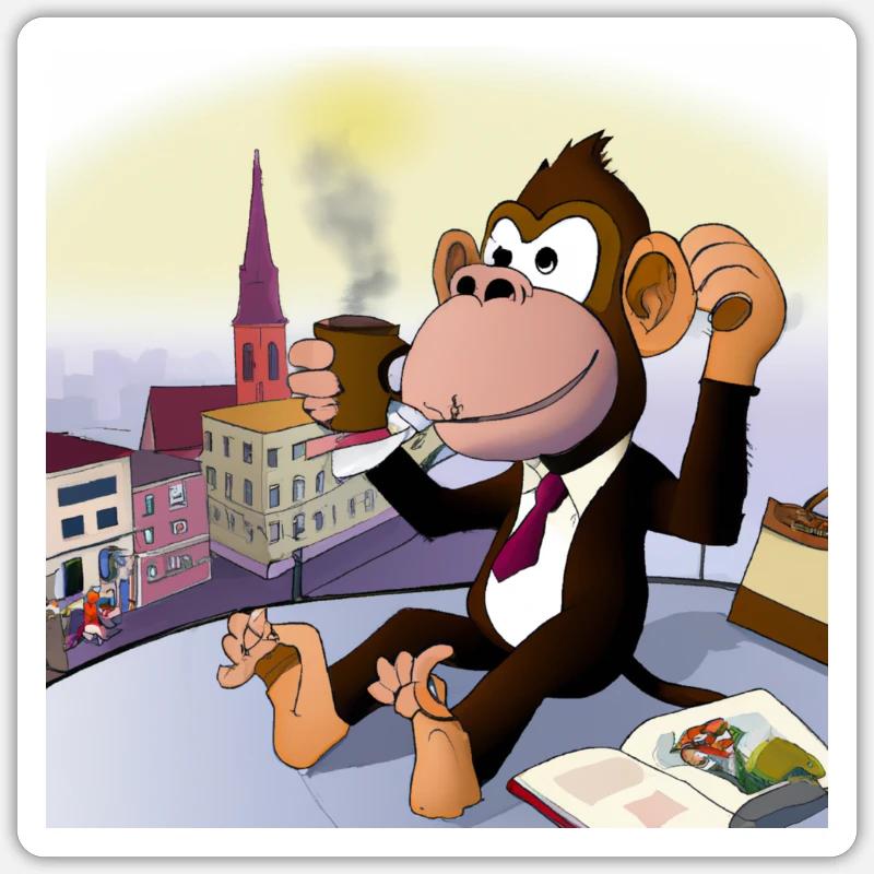 Cool monkey drinks a latte macchiato in the café Sticker size S (10 x 10 cm)