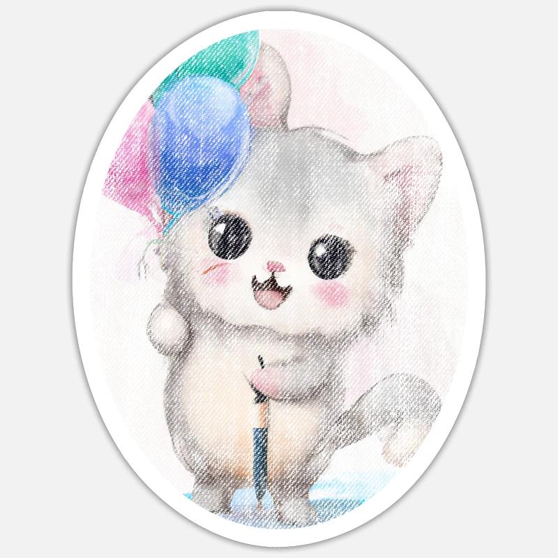 Kätzchen Katze mit Luftballon Gemälde - Sticker Größe S (10 x 10 cm) - Mattweiß