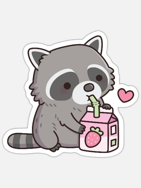 Süßer Waschbär liebt Erdbeermilch - Sticker Größe S (10 x 10 cm) - Mattweiß