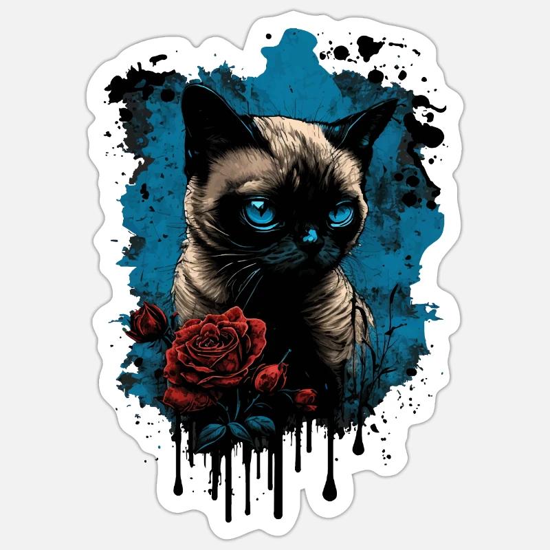 Siamkatze mit roter Rose - Sticker Größe S (10 x 10 cm) - Mattweiß