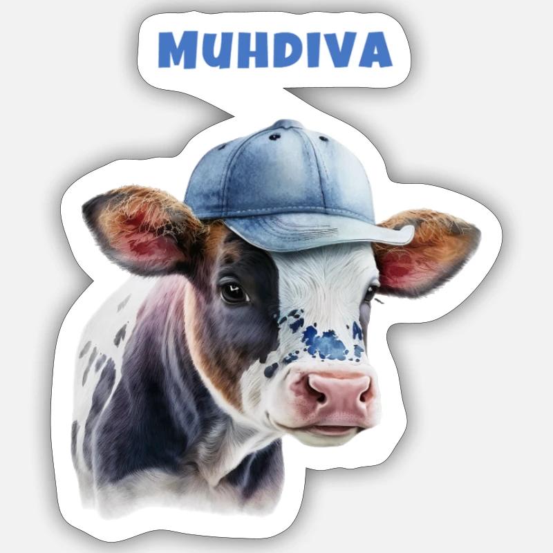 Muhdiva Kuh mit Cap - Sticker Größe S (10 x 10 cm) - Mattweiß