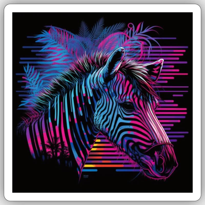 Zebra mit Neonfarben, Synthwave / 80er Jahre Sticker Größe S (10 x 10 cm)
