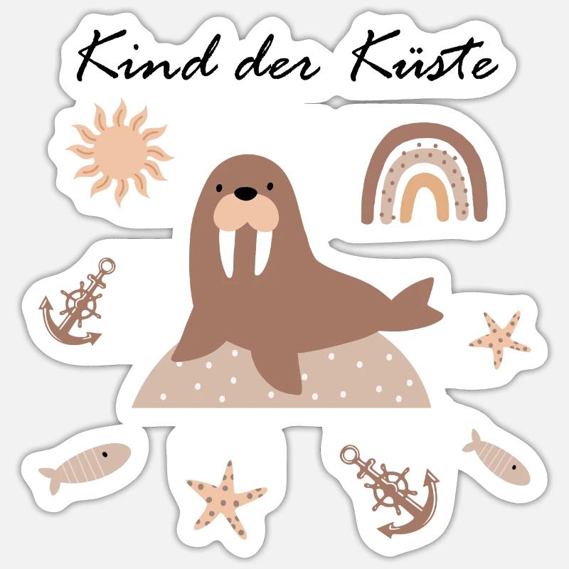 Kind der Küste | Walross, Anker, Regenbogen | Boho - Sticker Größe S (10 x 10 cm) - Mattweiß