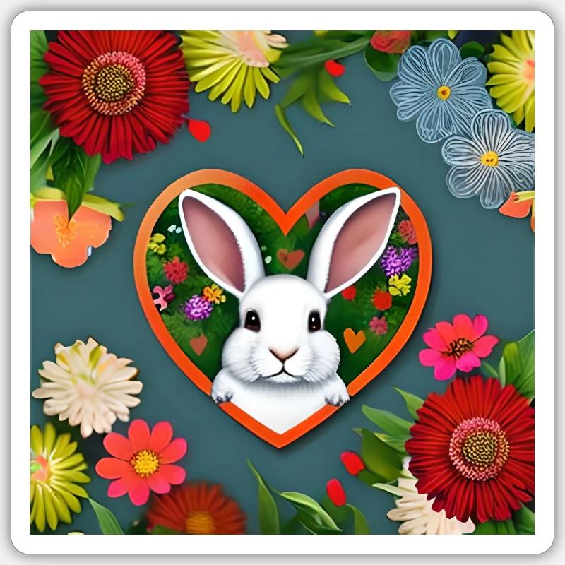 Lapin de Pâques dans le cœur Fleurs - Sticker taille S (10 x 10 cm) - blanc mat
