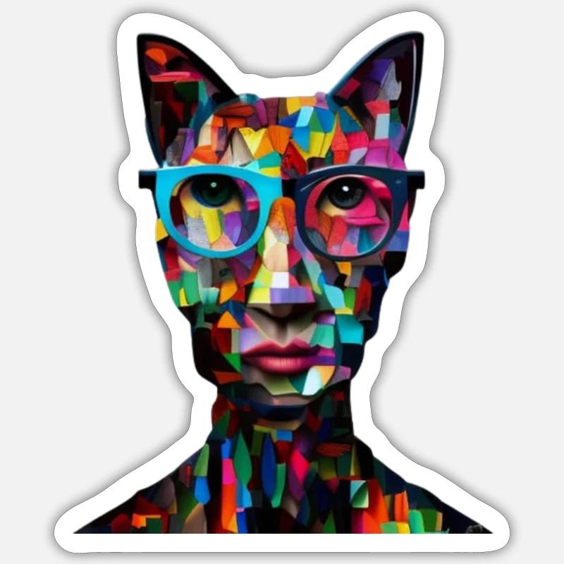 Katze mit moderner Collagebrille - Sticker Größe S (10 x 10 cm) - Mattweiß