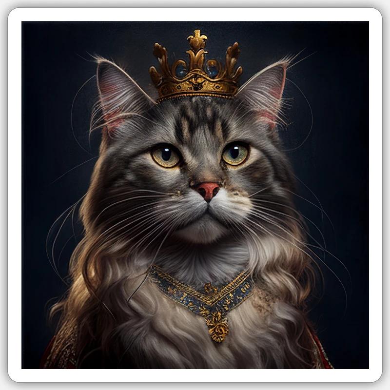 KATZE mit KRONE, KÖNIG, moderne Kunst, Design - Sticker Größe S (10 x 10 cm) - Mattweiß