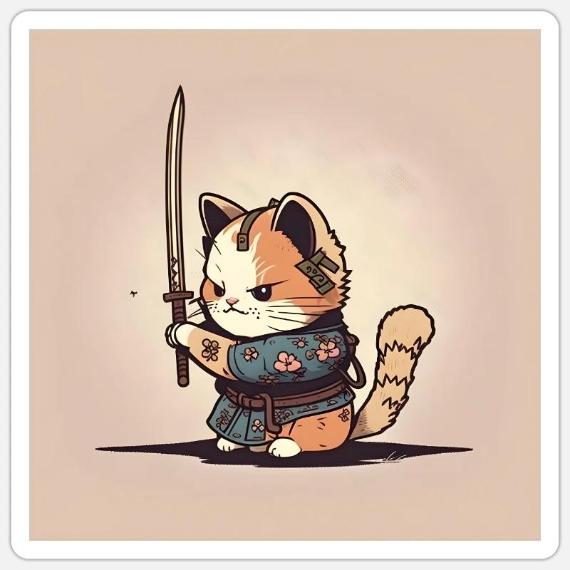 Samurai Kitten Sticker - Sticker size S (10 x 10 cm) - white matte