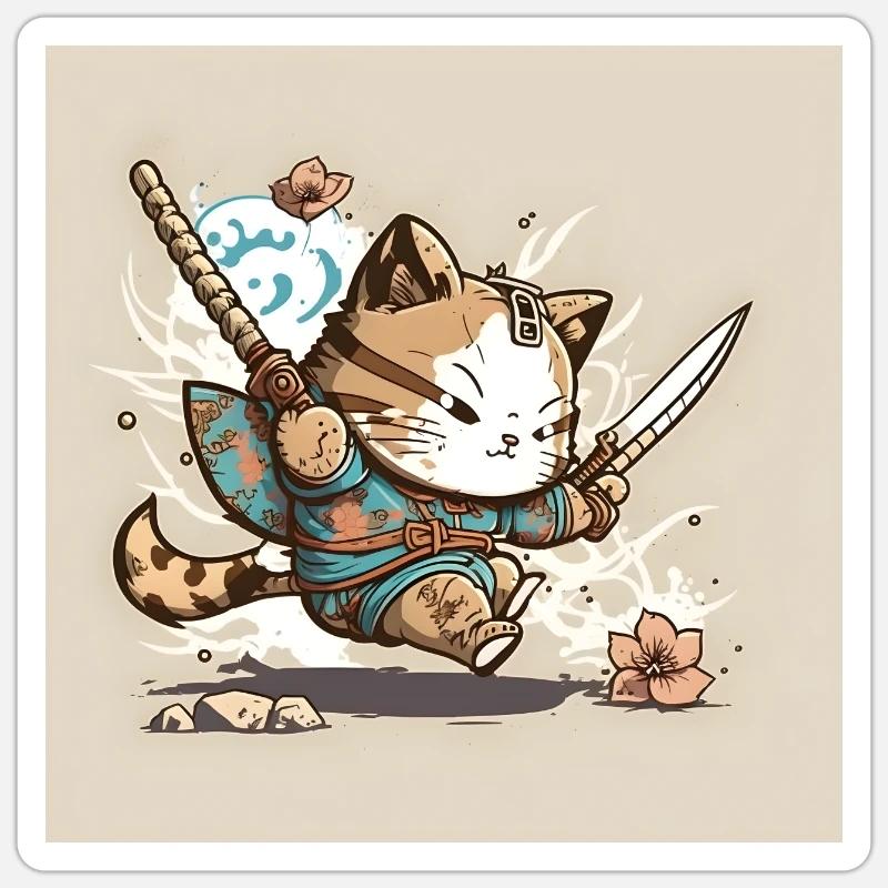 Samurai Kitten Attack Sticker - Sticker size S (10 x 10 cm) - white matte