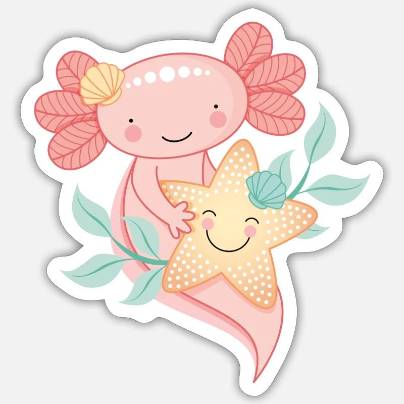 Axolotl mit Seestern - Sticker Größe S (10 x 10 cm) - Mattweiß