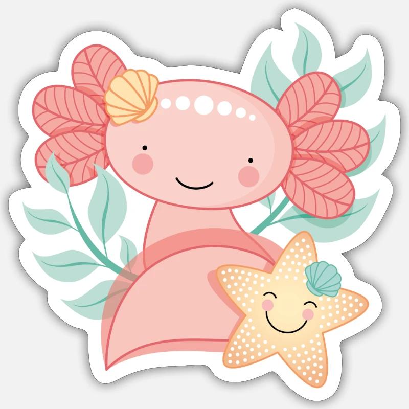 Axolotl mit Seestern - Sticker Größe S (10 x 10 cm) - Mattweiß