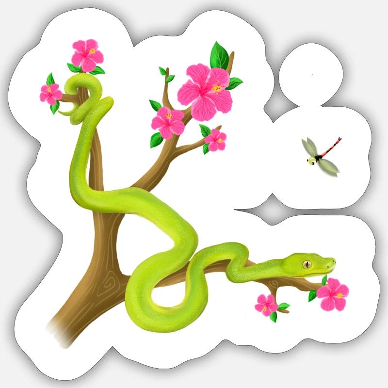 Le serpent Python vert sur l’arbre avec des fleurs Sticker taille S (10 x 10 cm)
