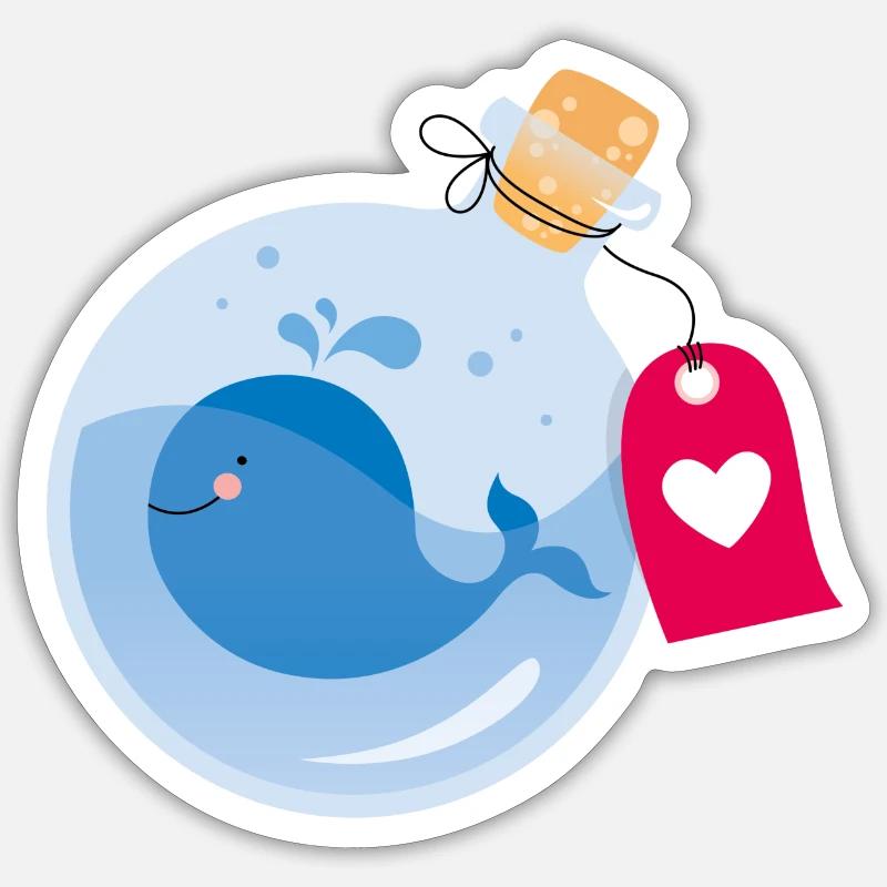Message dans une bouteille avec une petite baleine - Sticker taille S (10 x 10 cm) - blanc mat