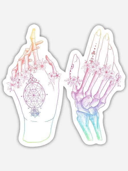 Regenbogen Skelett Hände Boho Gothic - Sticker Größe S (10 x 10 cm) - Mattweiß