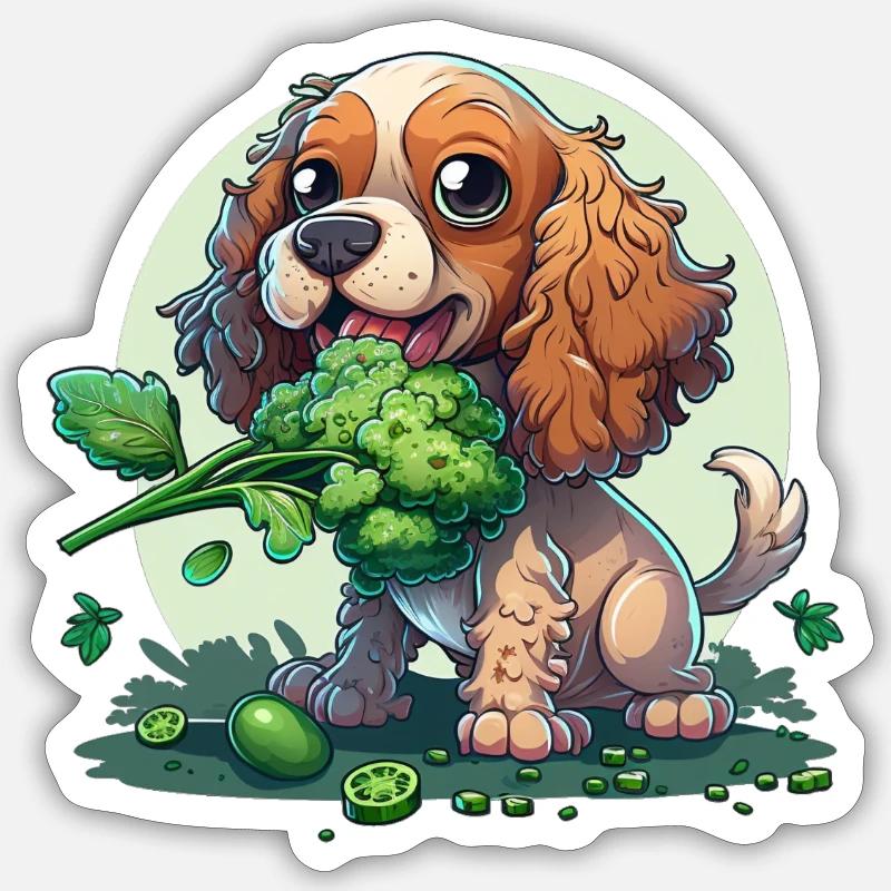 Cute dog eats broccoli vegetables - Sticker size S (10 x 10 cm) - white matte