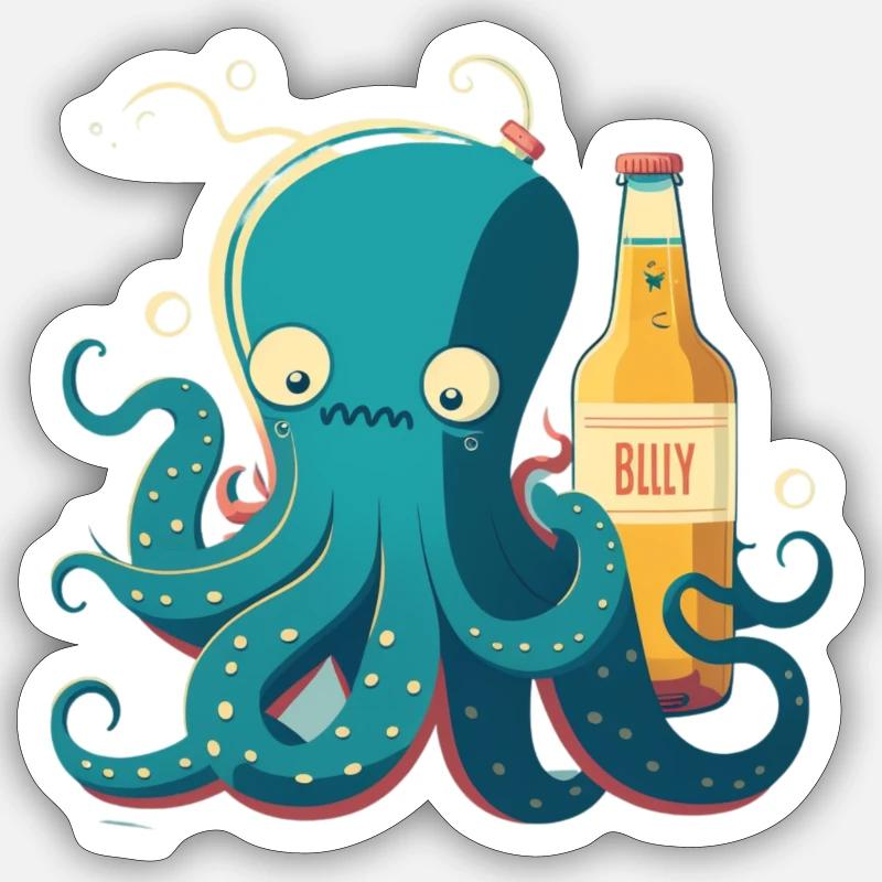 Funny squid with beer - Sticker size S (10 x 10 cm) - white matte