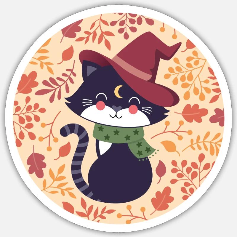 black cat with autumn pattern - Sticker size S (10 x 10 cm) - white matte