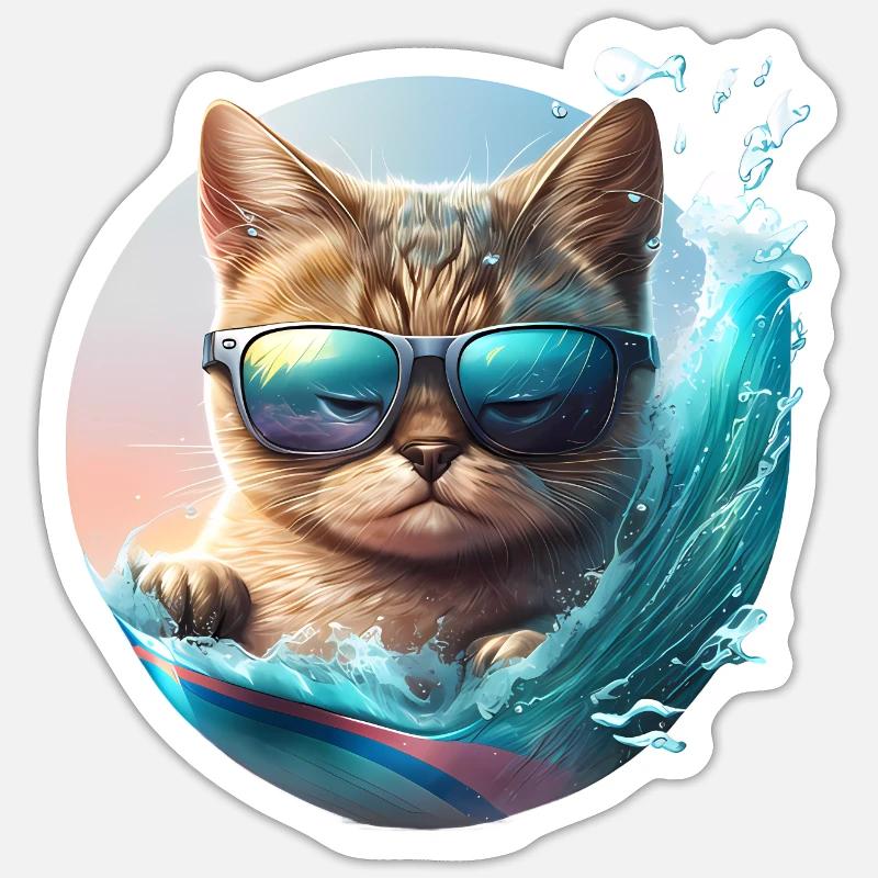 Chat de surf - Sticker taille S (10 x 10 cm) - blanc mat