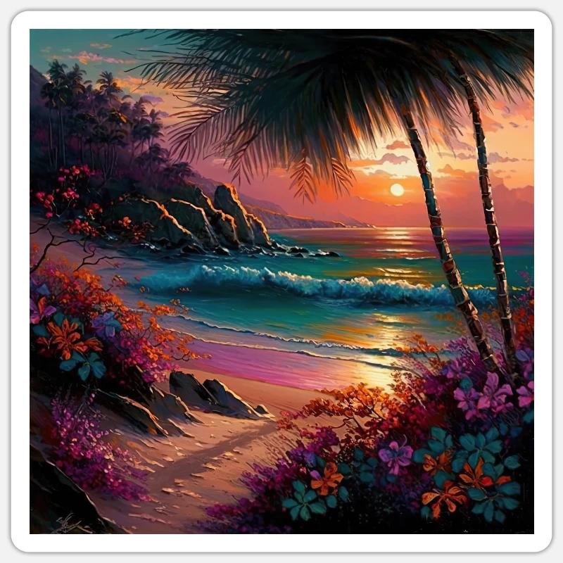 Conception colorée du coucher de soleil de la plage de l’île tropicale - Sticker taille S (10 x 10 cm) - blanc mat